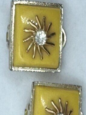 Vintage MCM Clip-On Earrings – Retro Yellow Enamel & Silver Frame